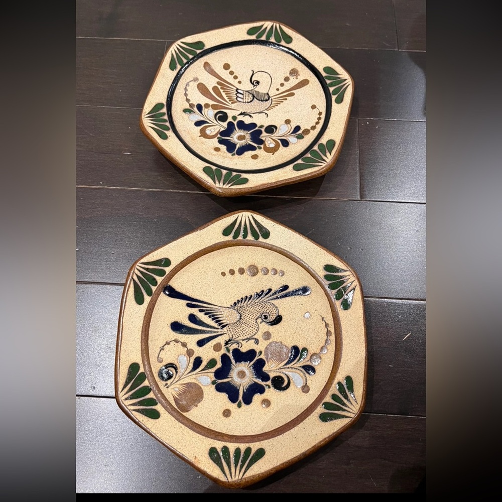Hand-Painted Ceramic Hexagonal plates with Bird Motif - Blue, Green, Brown